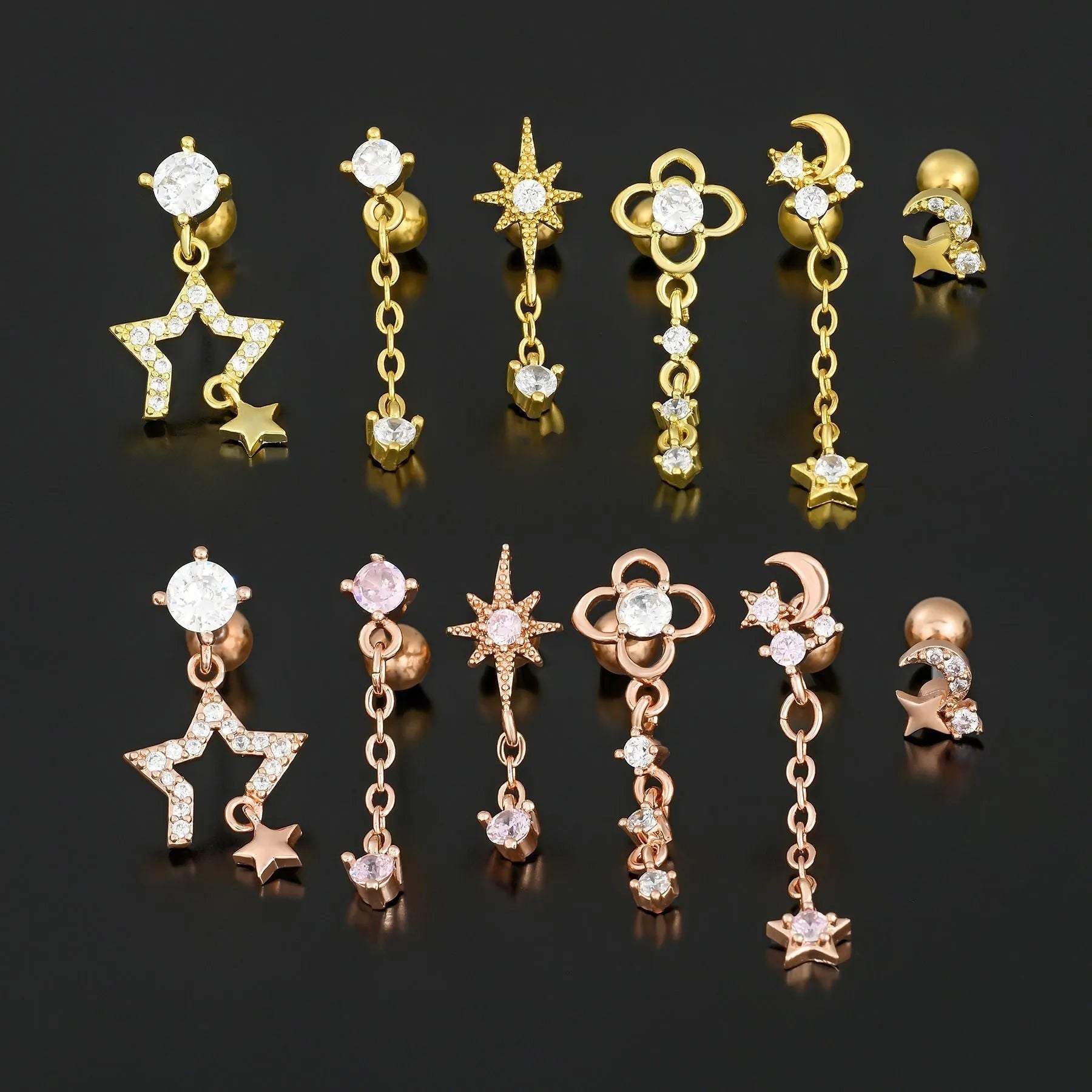 Star moon cubic zirconia pendant cartilage earring chain hoop in copper with gold finish