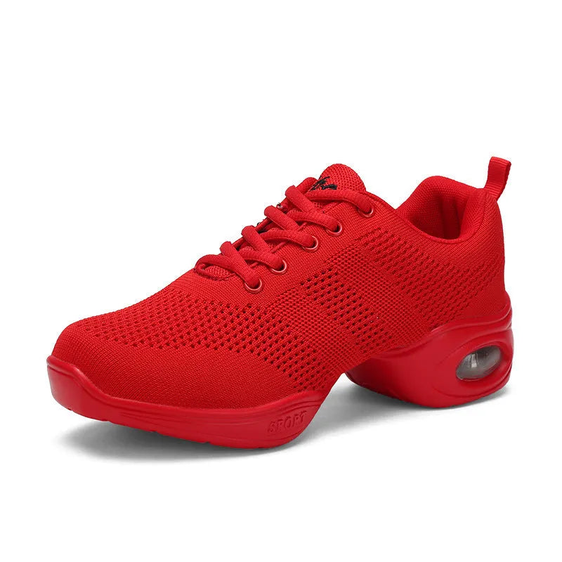 Women's Flyknit mesh dance shoes in red with a lightweight PU sole