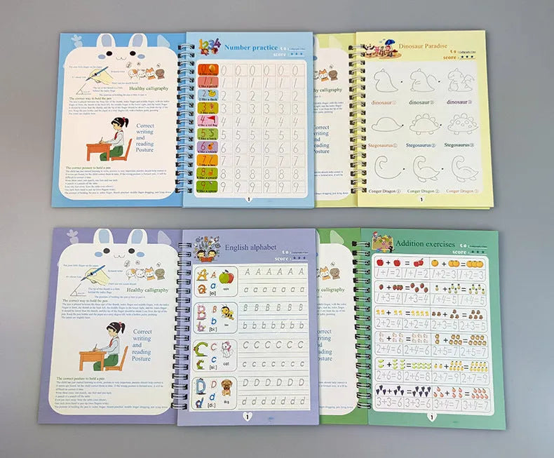 Magic stylus calligraphy practice set for kids showing four colourful copybooks and pens on a table.