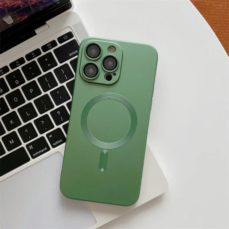 Magnetic iPhone case with aluminium alloy frame in dark purple, blue, silver, black, or gold colour.