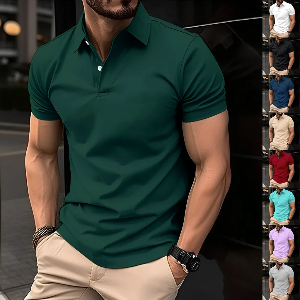 Men's solid colour cotton blend polo shirt with button lapel collar and short sleeves