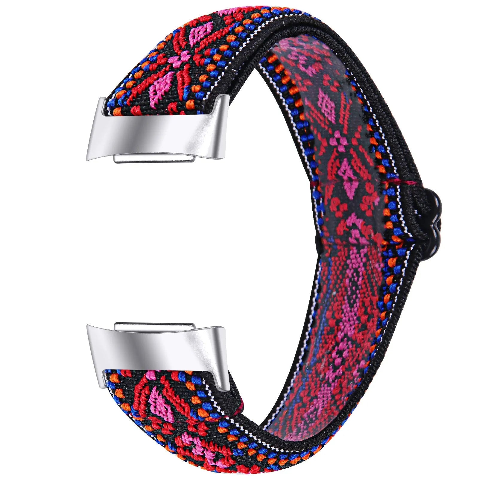 Printed elastic replacement watch strap for Fitbit Charge 6 in assorted colours on a white background