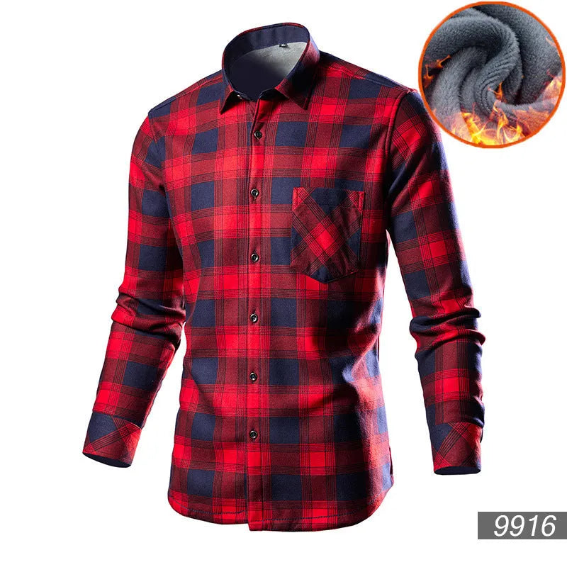 Men's long sleeve fleece-lined cotton blend cardigan shirt in a solid colour.
