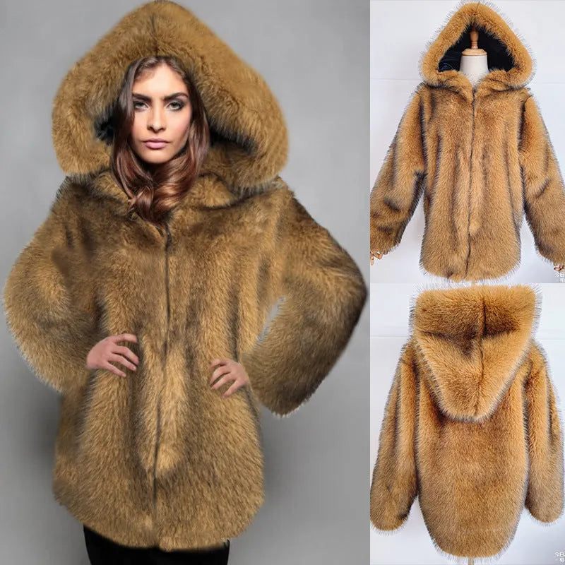 Women's loose silver grey artificial fur mid-length coat with an oversized fit.