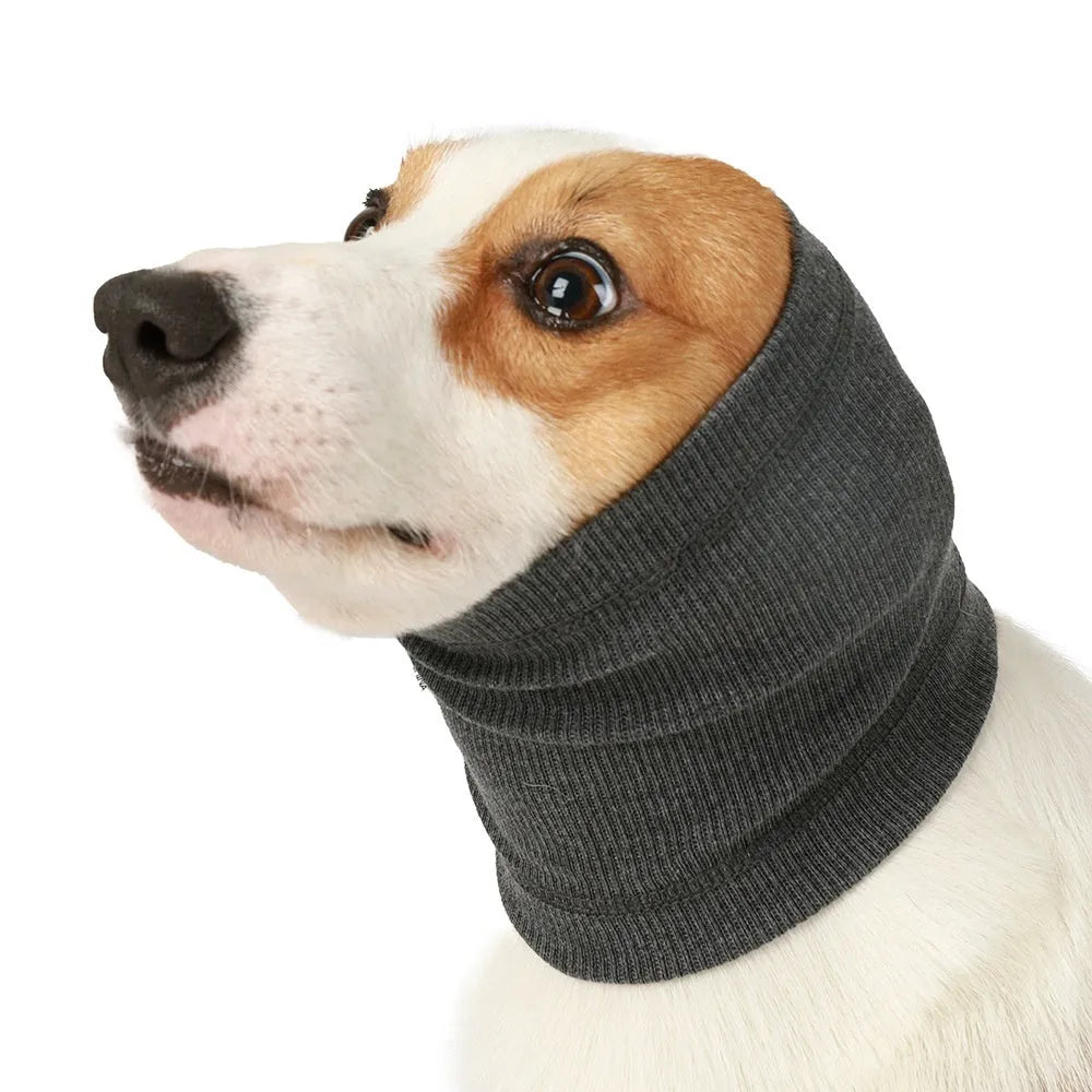 Polyester dog headband scarf in blue or grey colour, available in S M L sizes for small to medium breeds