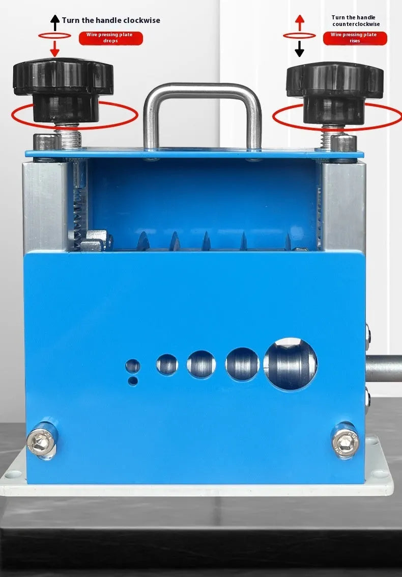 SD-017 manual wire stripping machine on a workbench, showing adjustable blades for cables from 0.5mm to 17mm diameter.