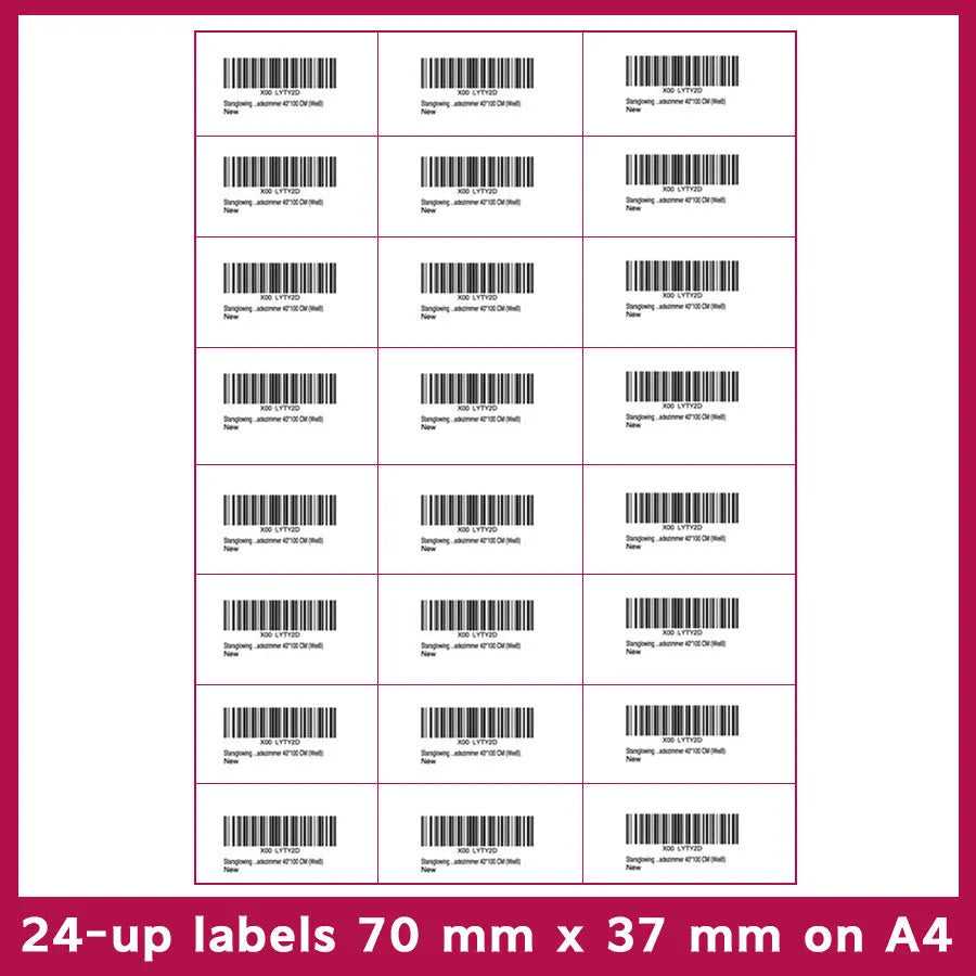 FBA label paper sheets showing ten different grid formats for barcode and serial number labelling