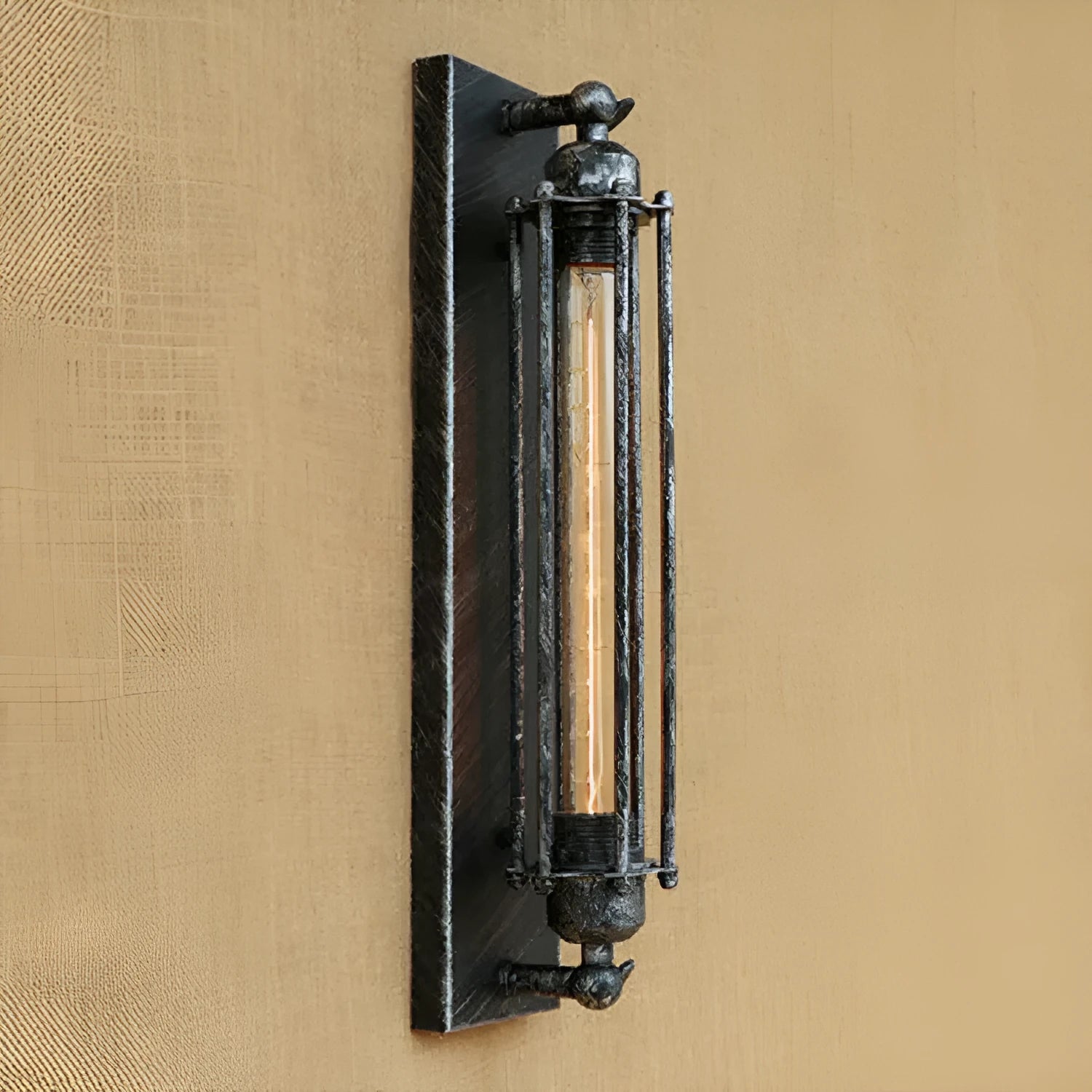 Industrial retro flute wall lamp in iron, shown in black finish on a brick wall.