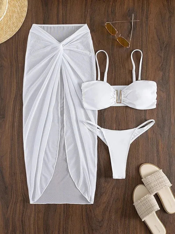 Multicolour French style bikini three-piece set with long culottes in eight colour options