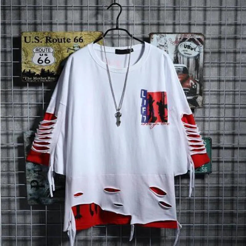 Men's loose fit hip hop polyester printed short sleeve t-shirt with graffiti design in black and white