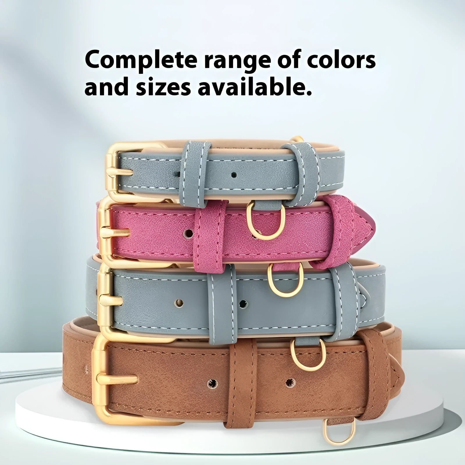 Double-layer leather dog collar with mohair trim and matching lead in blue, shown on a size chart.