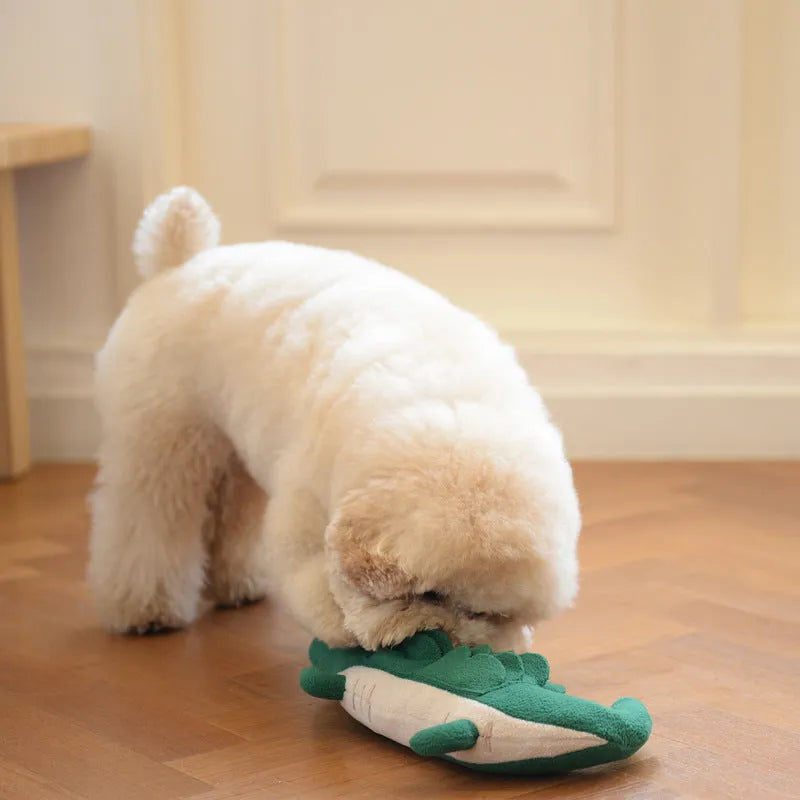 Green durable plush toy dog soft toy measuring 35 cm long.