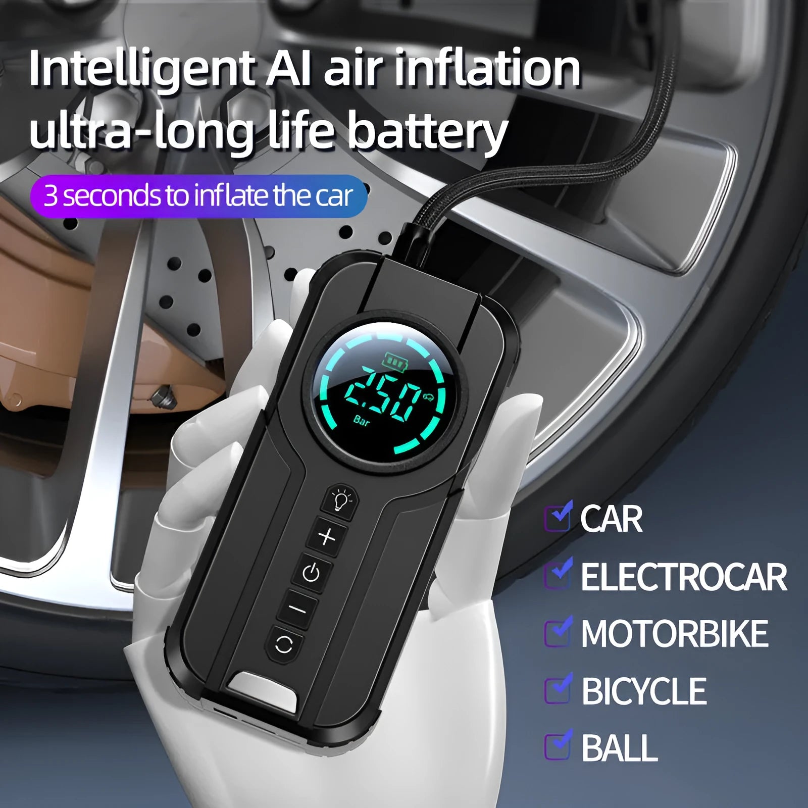 Black portable air pump with a digital display, power cord, and accessory nozzles for inflating car and bike tyres.