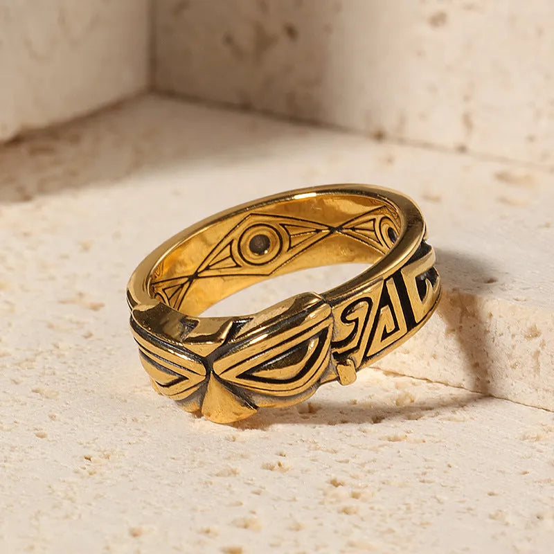 Unisex adjustable silver plated ring with Sanxingdui retro design and animal geometry motif on open band