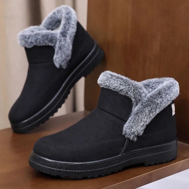 Women's cotton snow boots with plush lining, flat wedge heel, available in black, camel, blue, sizes 36-43.