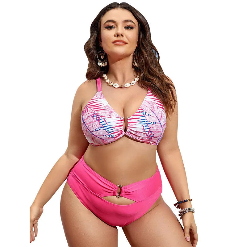 Pink vintage floral plus size bikini set for women with strap top, sizes 0XL to 4XL.