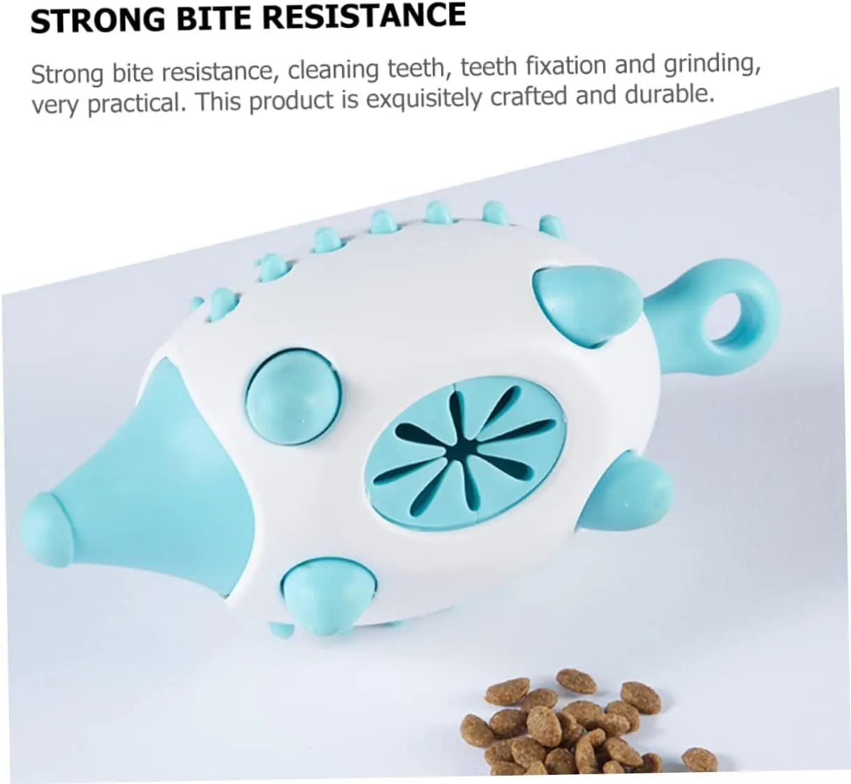 Blue wear-resistant treat dispensing dog toy with squeaky ball on white background