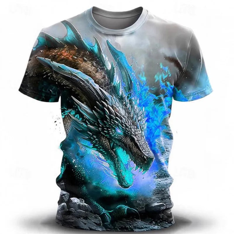 Man wearing a grey T-shirt with a detailed blue and black 3D wind dragon print across the chest.