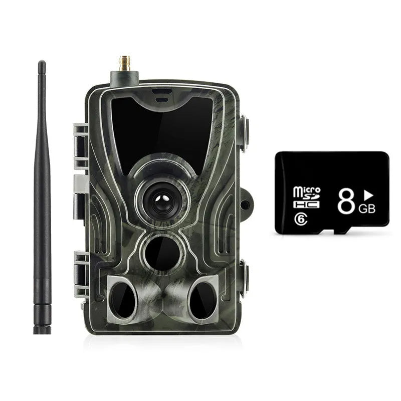 Outdoor surveillance camera with camouflage finish showing 1080p resolution and wide-angle lens specifications