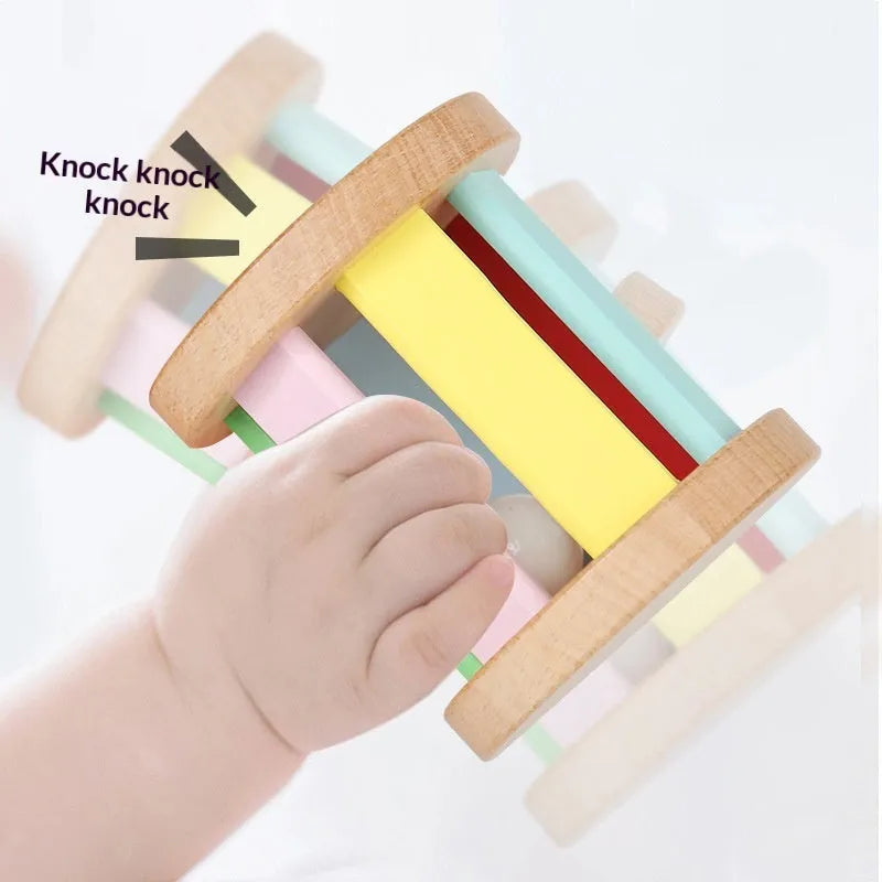 Wooden infant rainbow rattle with rolling bell design, 7.5x7cm, for babies aged 0-3 years
