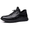 Men's black leather casual shoes with waterproof features and leather stitching details