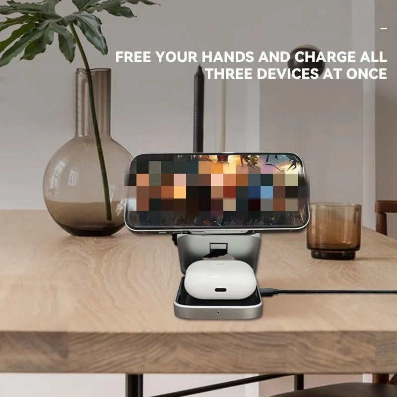 Foldable three-in-one desktop wireless charging bracket with magnetic ring