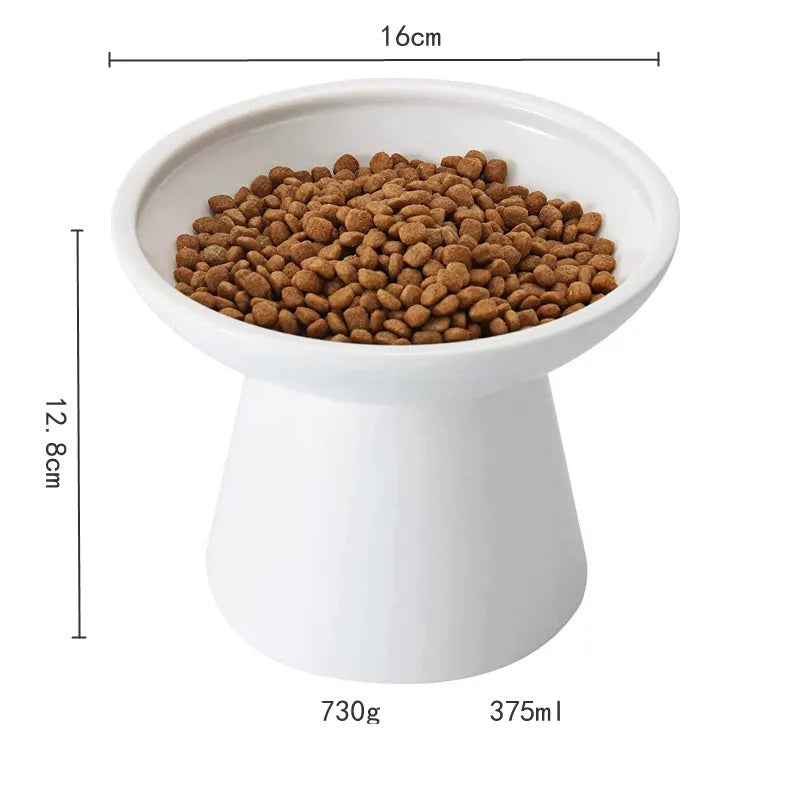 Ceramic elevated cat food bowl in blue colour with wide shallow design and raised base