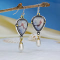 Retro blue geometric drop earrings with electroplated metal, synthetic opal and pearl details