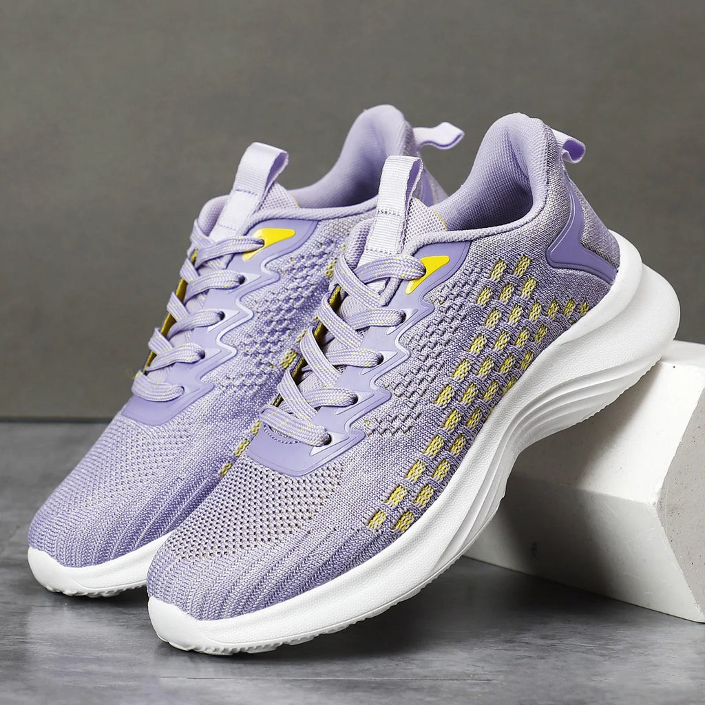 Women's Lavender Purple Flyknit running shoes with striped mesh design and EVA sole