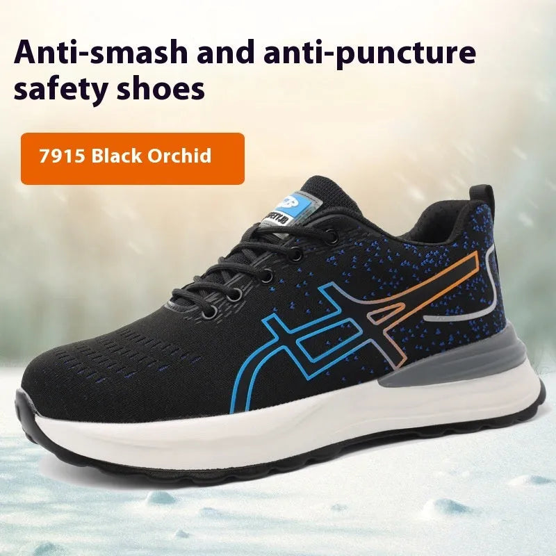 Brown leather labour protection safety shoes with a rubber sole, shown on a work site background.