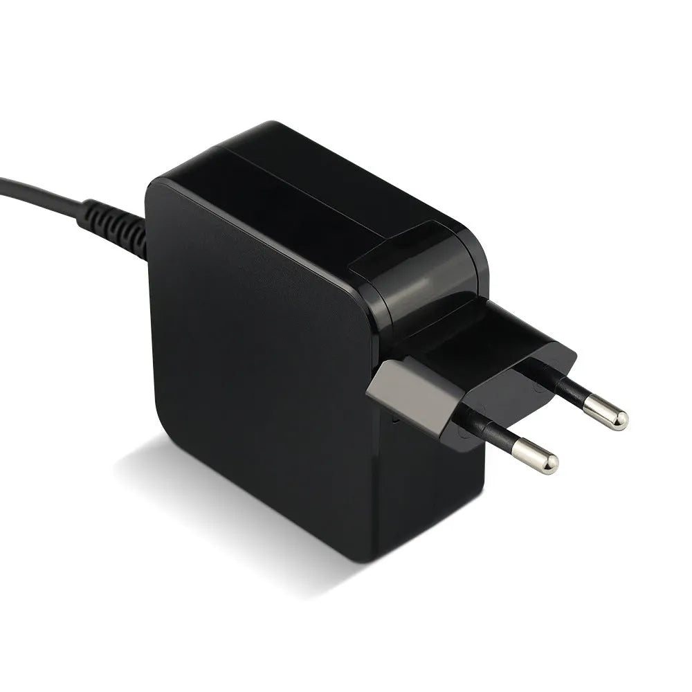 Black 45W laptop power adapter and cable with choice of US or EU plug, showing compact dimensions.