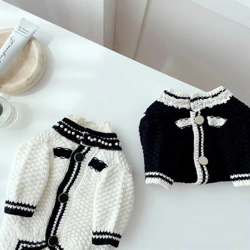 Korean style puppy clothes pearl collar sweater for small dogs in black or white with princess design