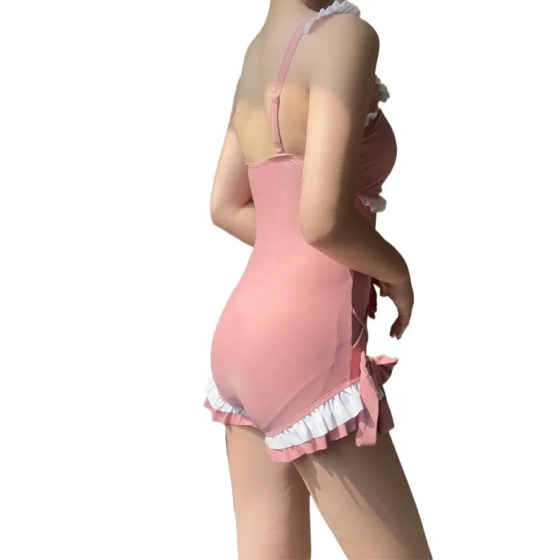 Pink and blue one-piece swimsuit in milk silk fabric with sleeveless design