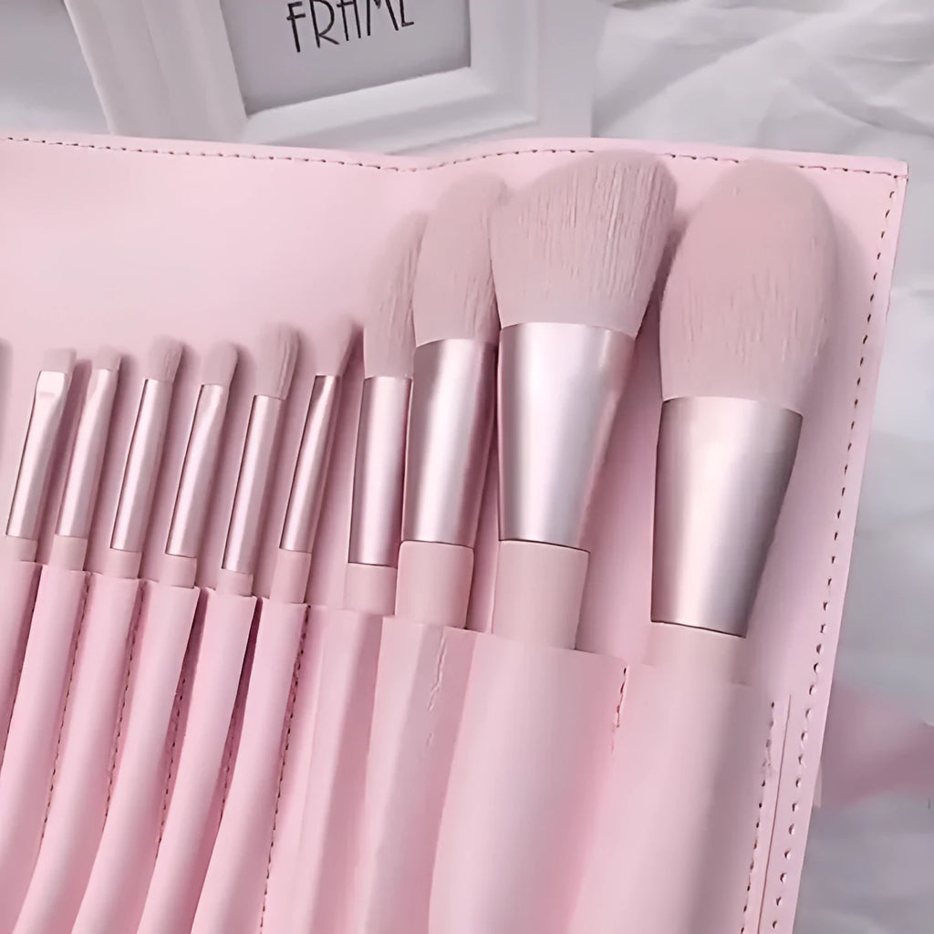 12-piece makeup brush set with light blue handles, nylon hair, wooden handles, 19.5cm length, and PU brush bag