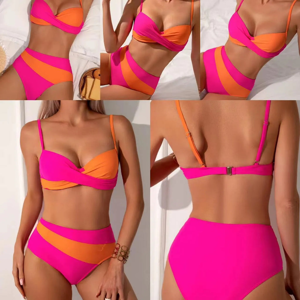 Women's orange split bikini with steel bracket underwire and matching briefs