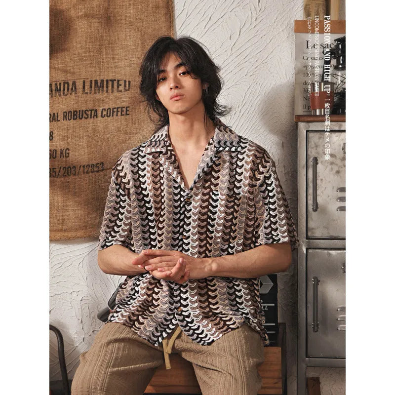 Japanese style Cuban collar polyester shirt in grey and red colours with hollow jacquard design