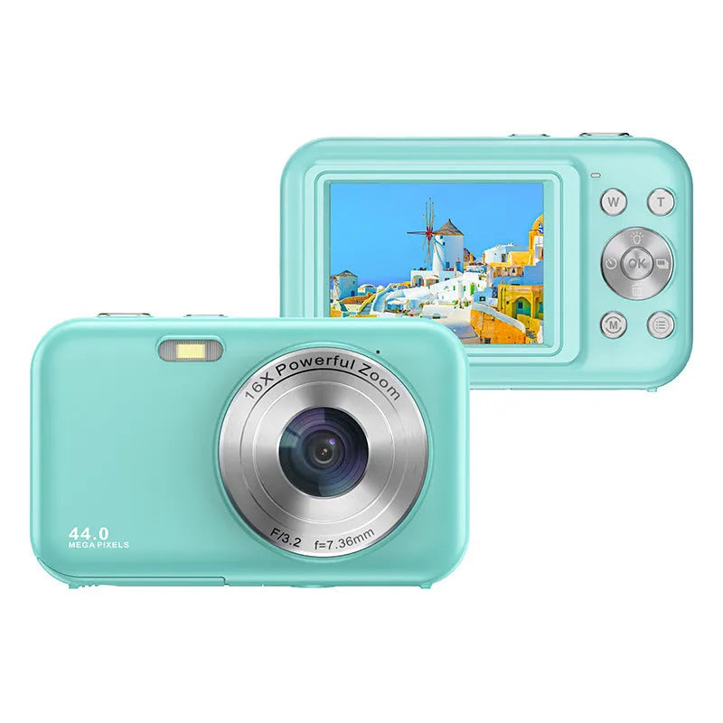Colourful children's digital camera showing 2.4-inch screen, available in black, green, pink, and purple.