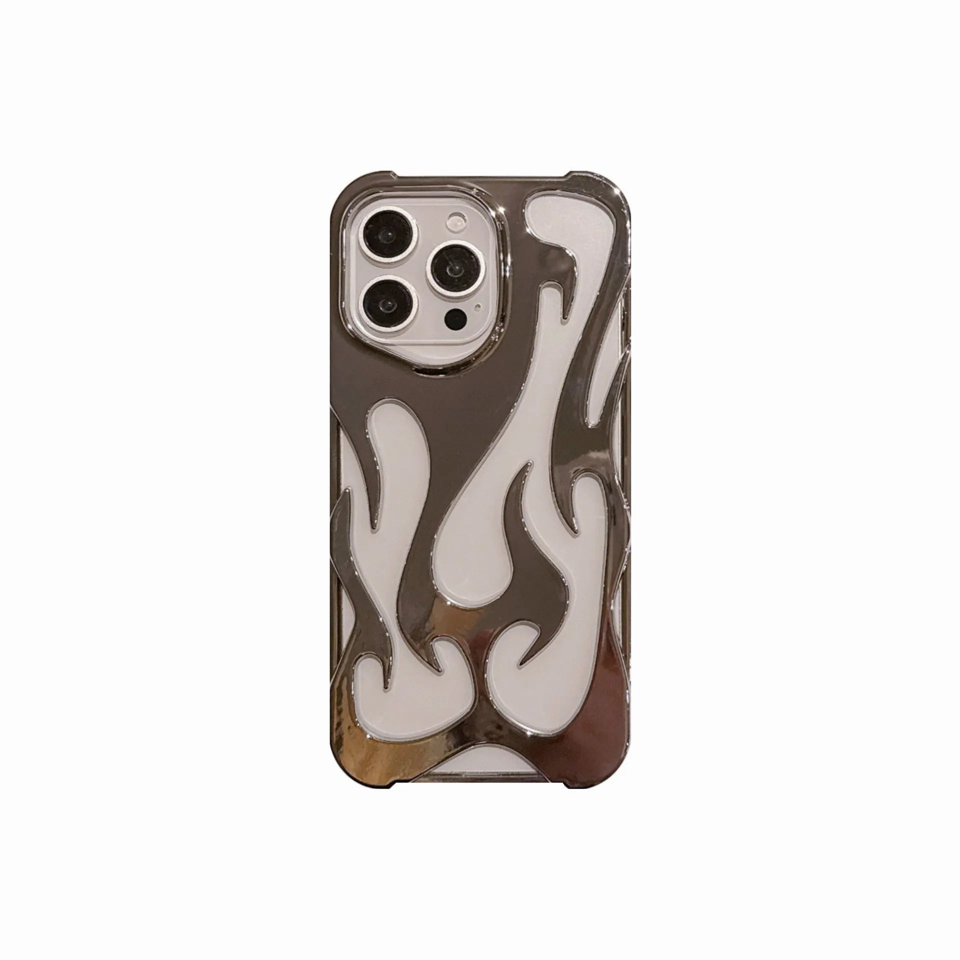 Silver electroplated iPhone case with hollow flame pattern design on a dark background