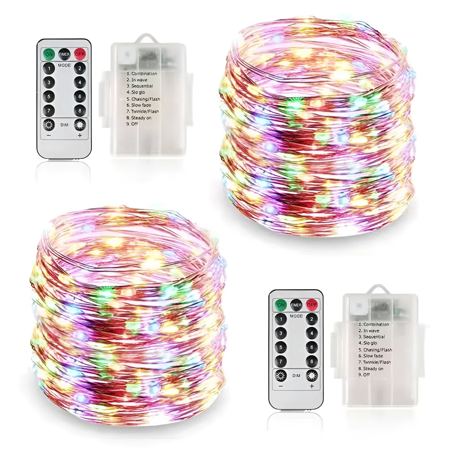 Flexible copper wire LED string lights bent into a spiral shape, showing 120 small bulbs and a white control box.