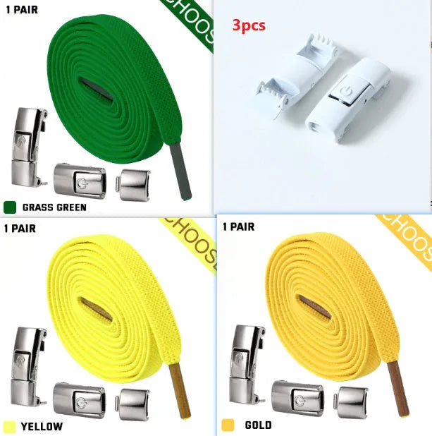 Set of press lock elastic no-tie shoelaces in 8mm widened flat design on a white background.