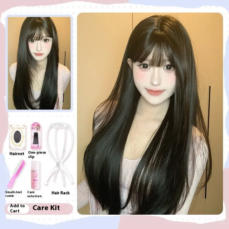 A dark brown long straight synthetic wig with a fringe on a wig stand.