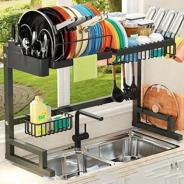 Black metal retractable sink draining rack with water pot rack set, over sink drainer and table top, modern simplicity style