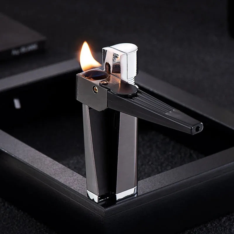 Foldable metal pipe lighter showing stash compartment and lighter mechanism in zinc alloy construction