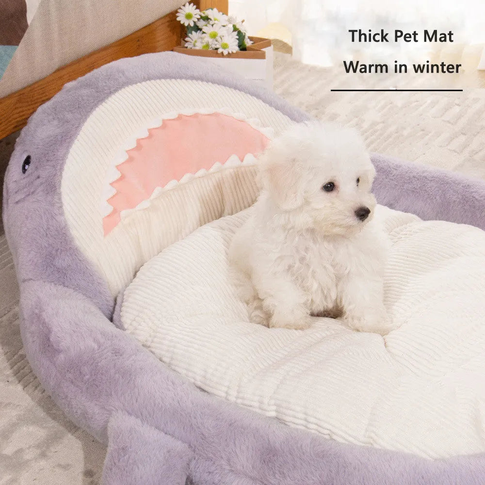 Blue shark pattern velvet pet bed cushion with PP cotton filling on wooden floor