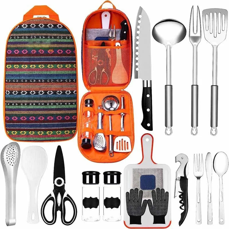 16 piece outdoor camping tableware set with forks and spoons in black finish