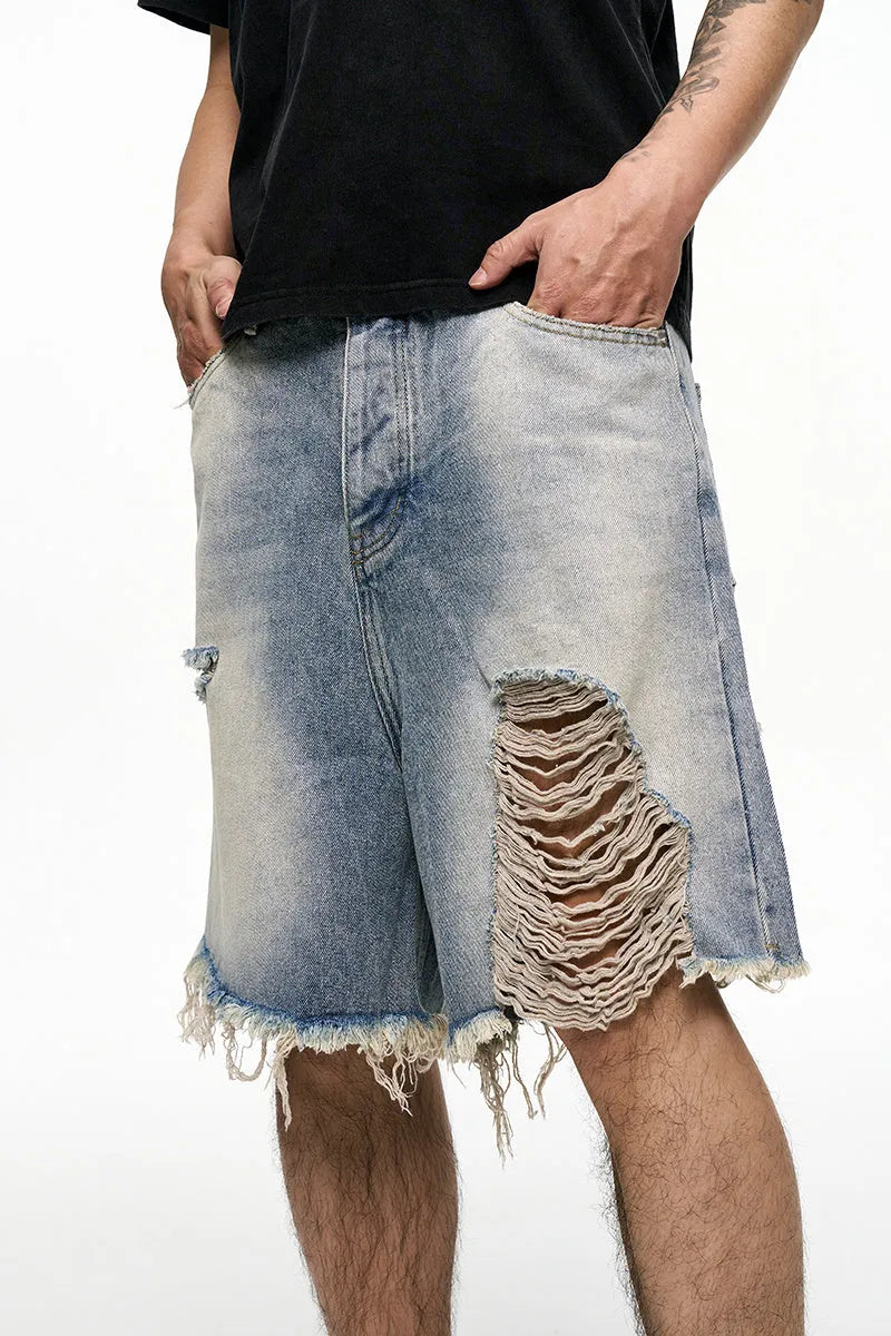 Light blue retro washed men's baggy denim shorts with wide leg design