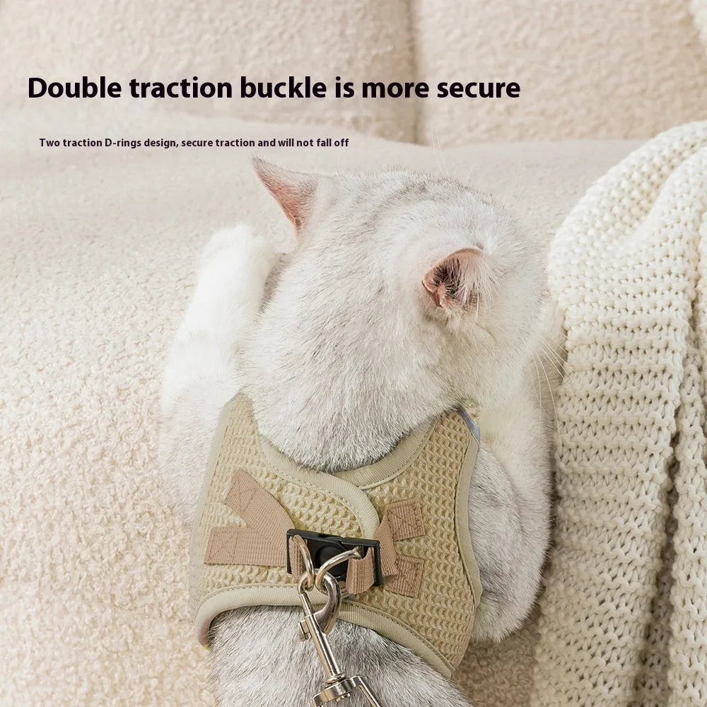 Brown waffle texture cloth cat harness with chest strap and adjustable sizing