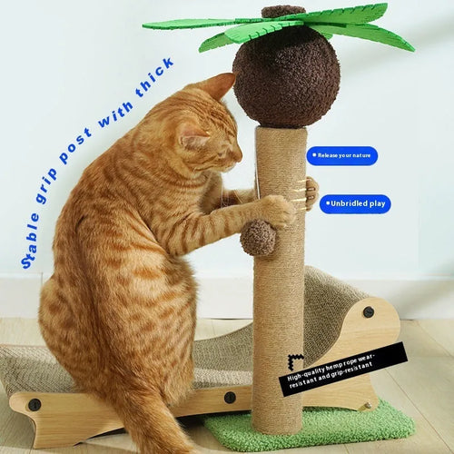 Wooden beach chair shaped cat climbing frame with integrated hemp mat scratch board.