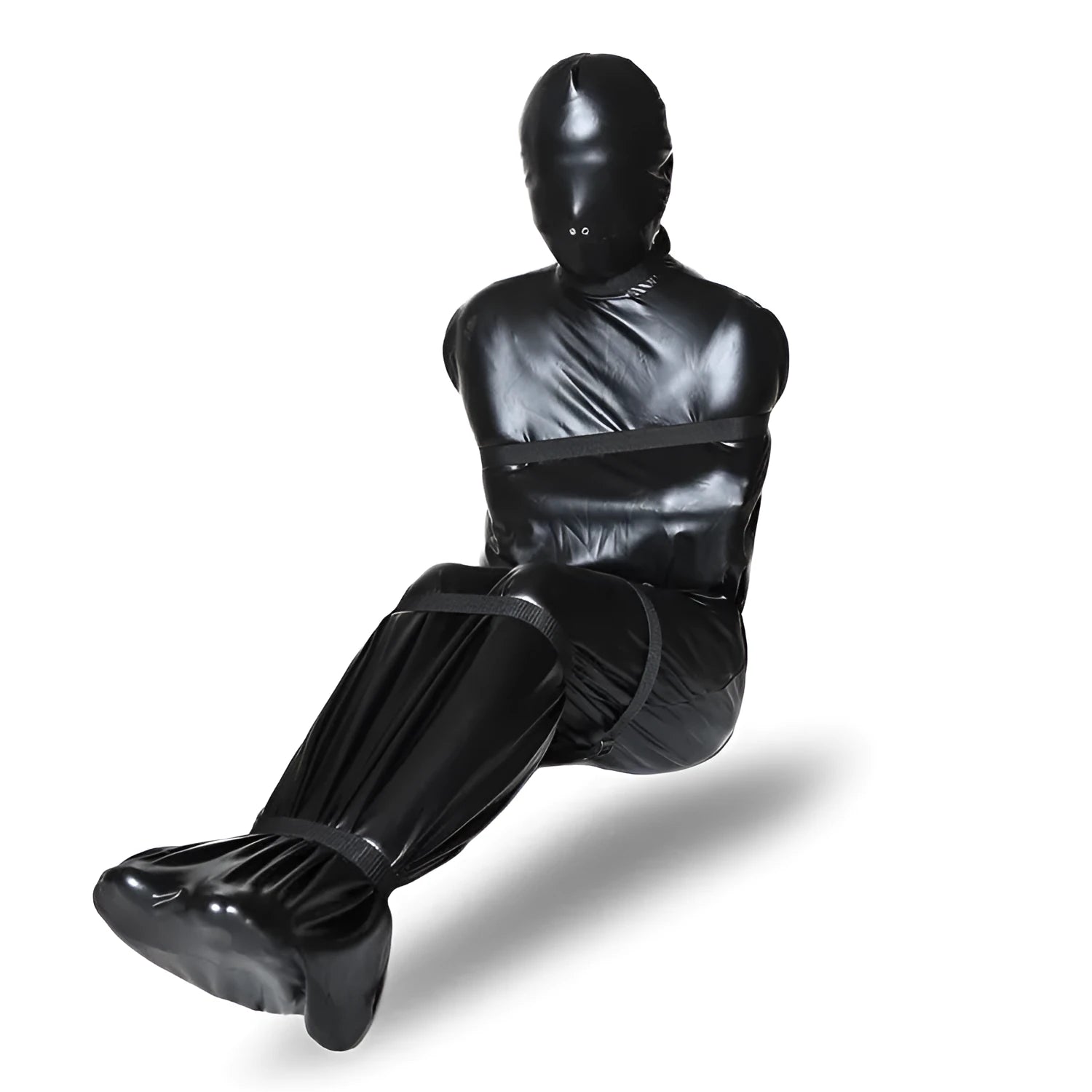Black patent leather bondage set with full-coverage garment and six ratchet tie-down pieces