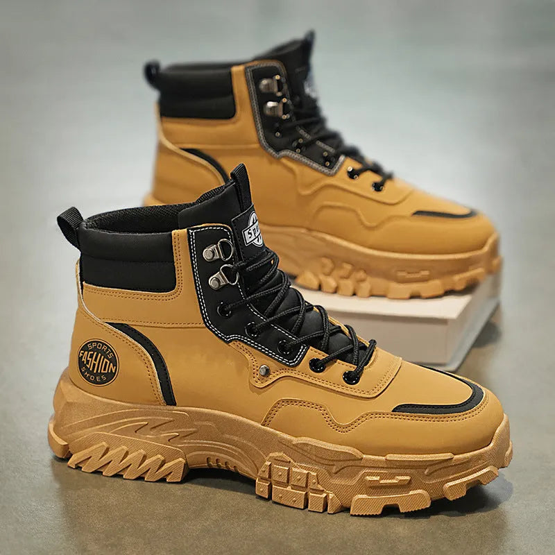 Men's black and yellow Martin boots with artificial PU upper and middle calf length